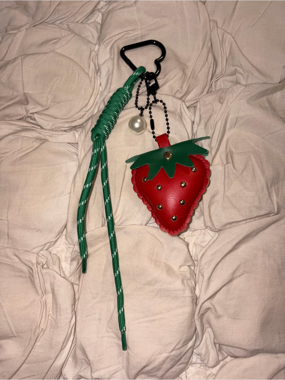 Free People Red Strawberry Charm Key Fob with Green Cord and Pearl Accent